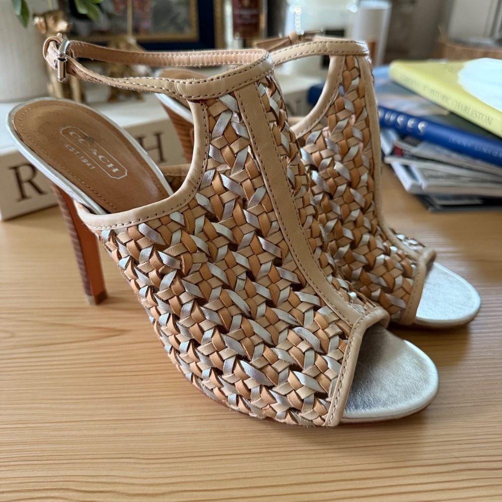 Coach Est 1941 Woven Leather Peep Toe Ankle Strap Heels Tan Silver 9B